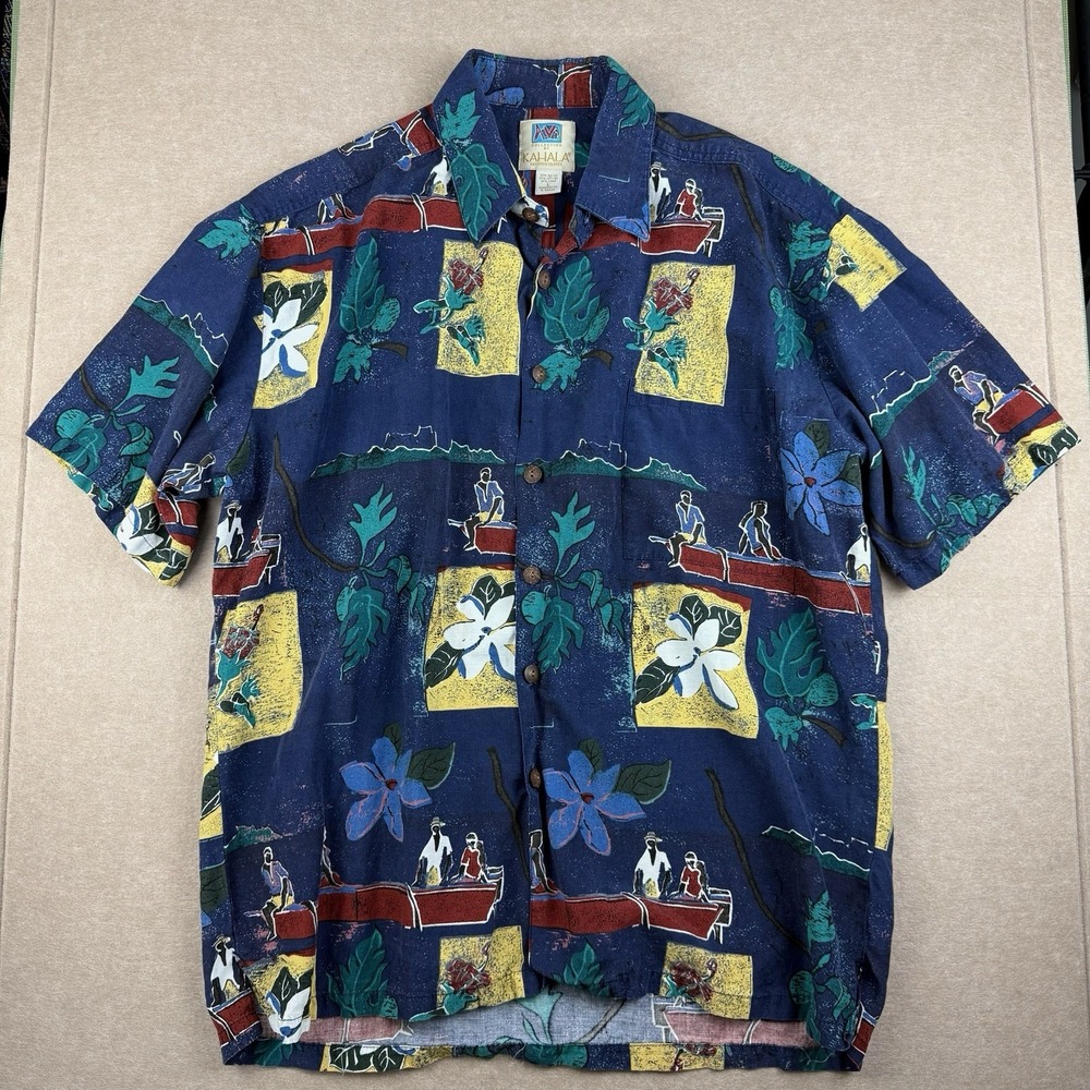 Vintage AVI Kahala Hawaiian Shirt L Canoe Floral Aloha USA Made Rayon Cotton